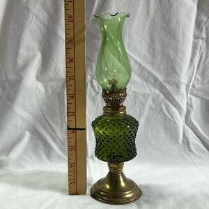 Vintage Hobnail Green Miniature Oil Lamp with Brass Base